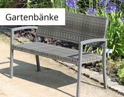 Kleine Grafik zum Thema Gartenmöbel mit einer grauen Parkbank vor schönem Garten
