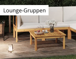 Kleine Grafik zum Thema Gartenmöbel mit einem Lounge-Set aus Holz mit weißem Stoff
